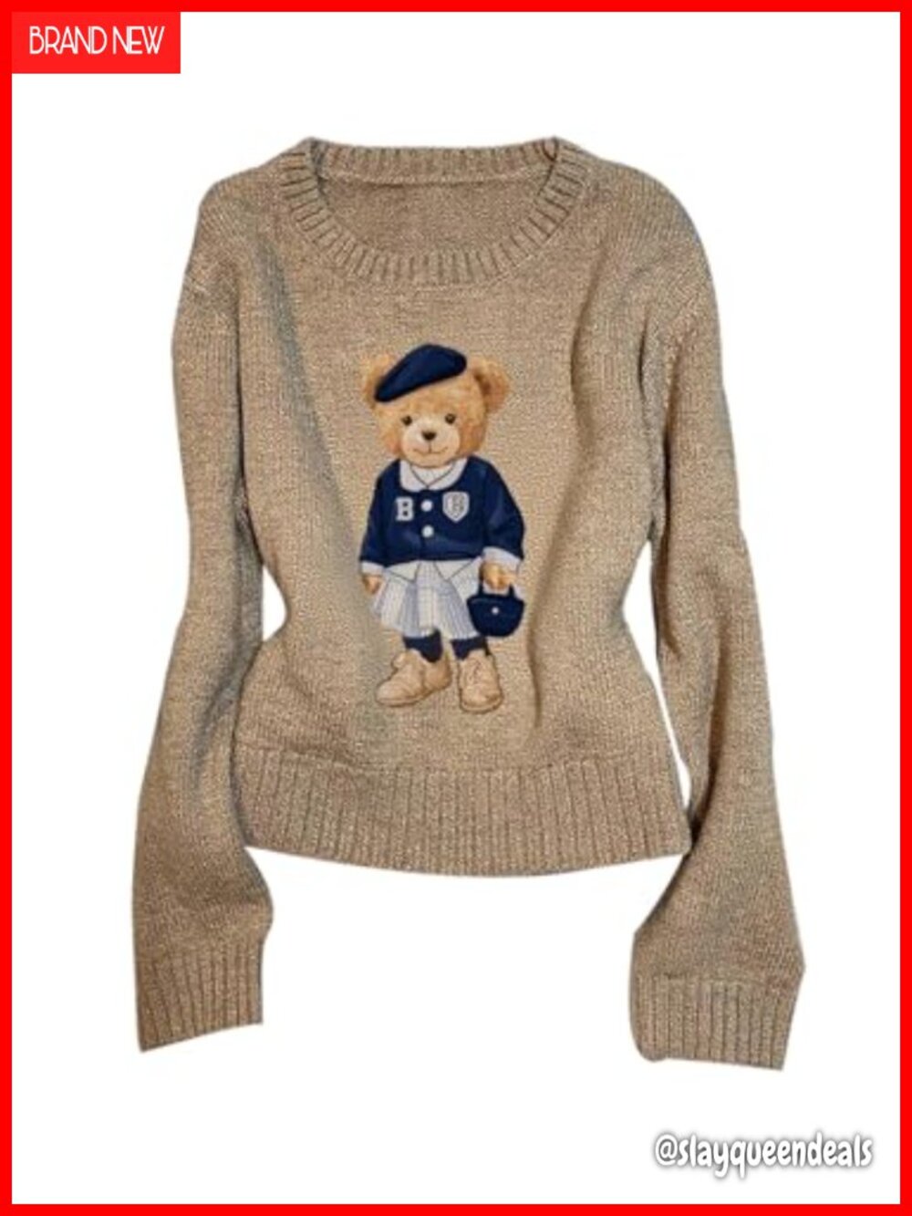 Women's Bear Print Knit Pullover Sweater Crew Neck Drop Shoulder Fall